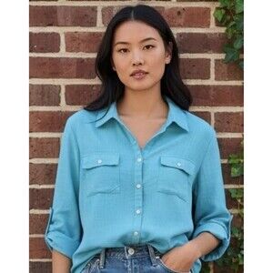 Kim Rogers Women’s Button Up Shirt Medium Teal Blouse Roll Tab Sleeve